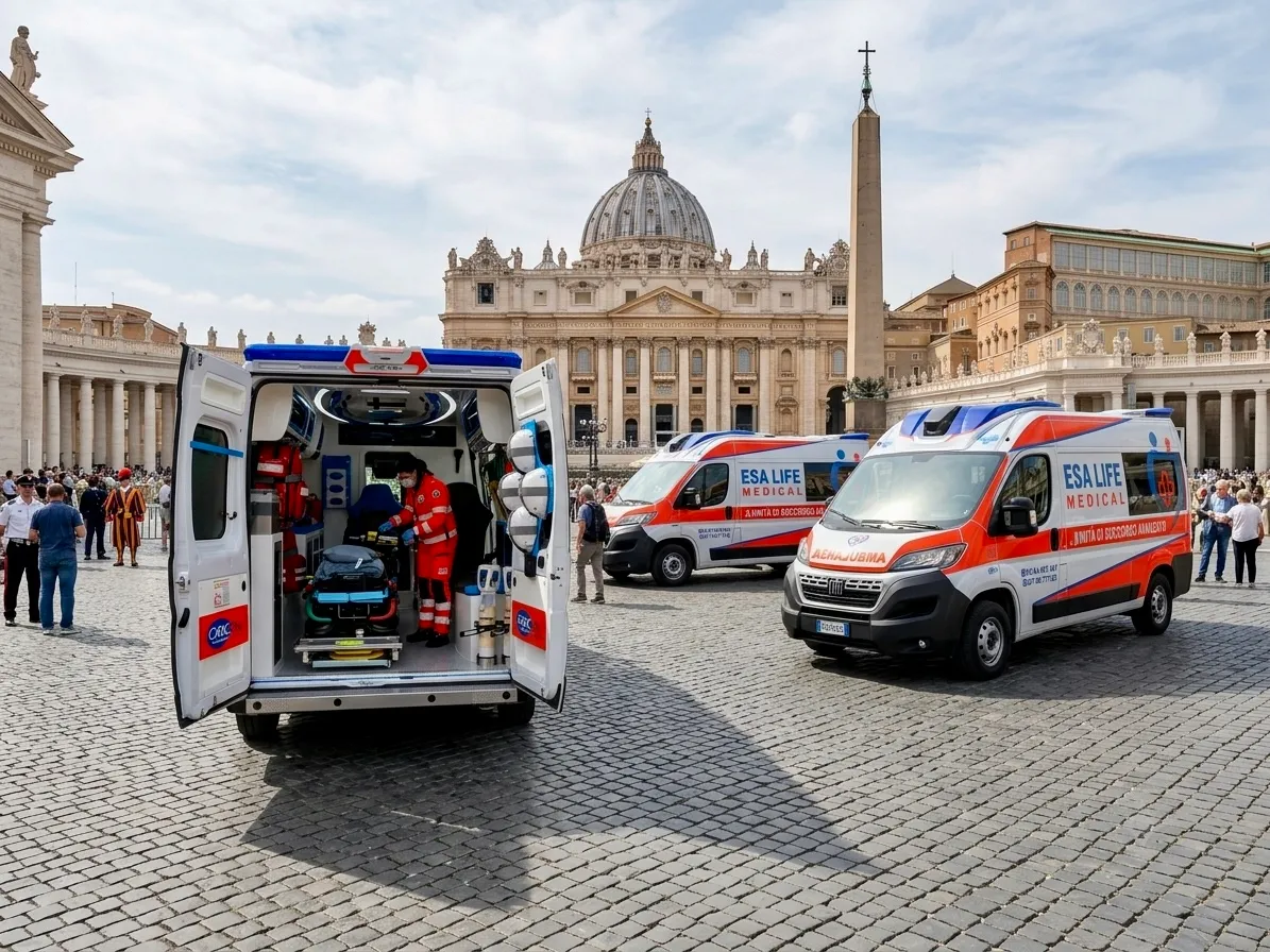 Operatrice sanitaria su ambulanza con radio walkie-talkie